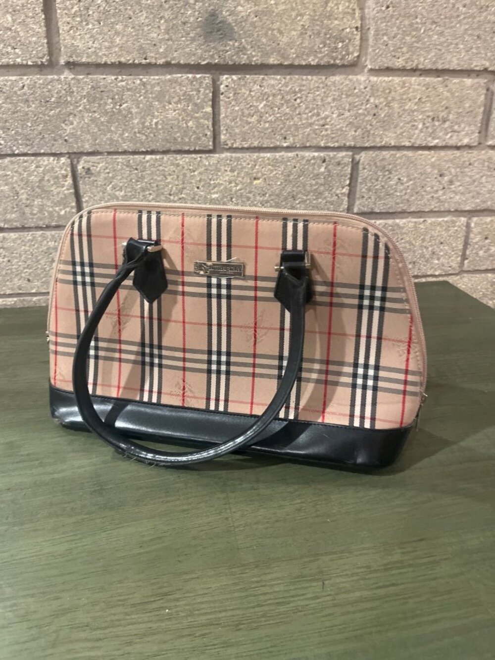 Burberry Vintage Checkered Handbag With Black Leather Trim & Double Handles